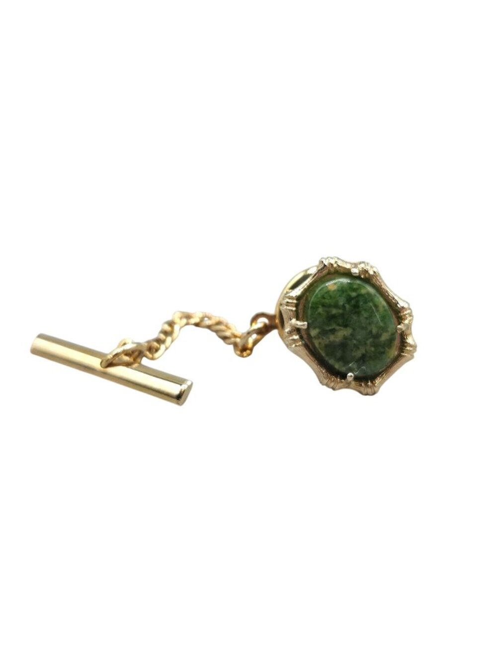 Vintage Tie Tack Green Stone Oval Design & Chain Bar Gold Tone Setting